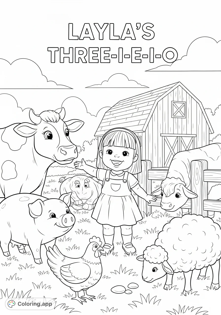 Join Layla and her farm animal friends in this adorable free printable coloring page! Featuring a cheerful toddler amidst a cow, pig, sheep, and chicken, ready for your creative touch.