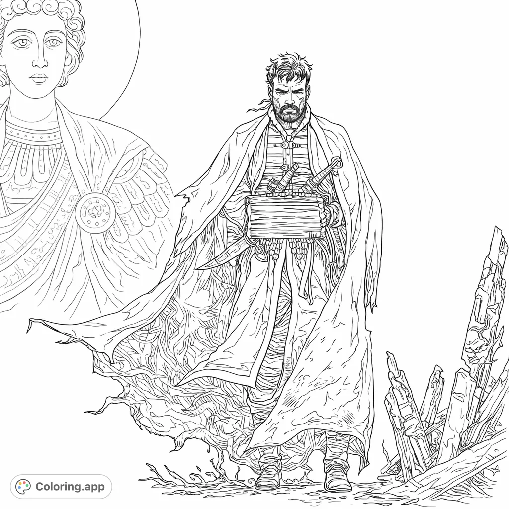 Capture the intensity of a valiant warrior standing in a textured scene, with a spiritual guardian and a desolate landscape. A historically-inspired figure.