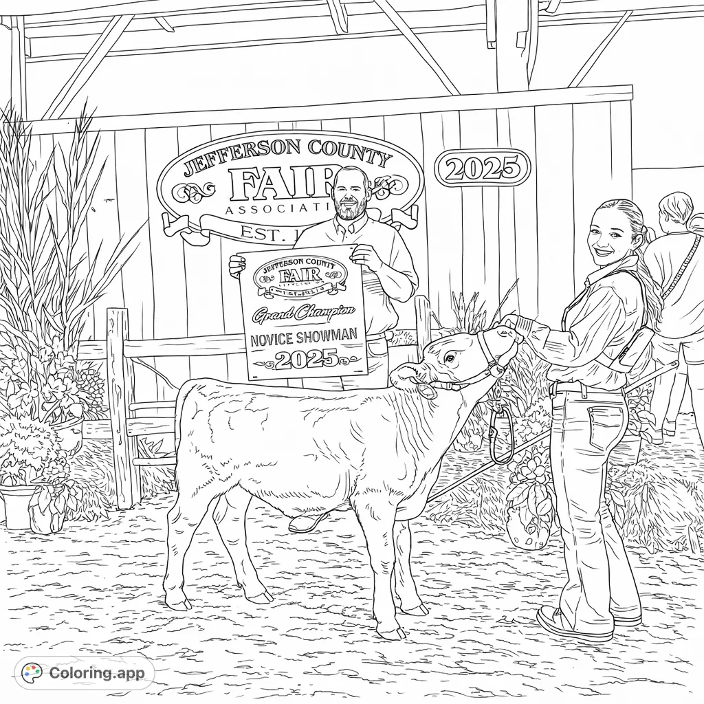 Celebrate farm life with this county fair grand champion coloring page, featuring a proud exhibitor, their prize calf, and the winning award. Perfect for animal lovers!