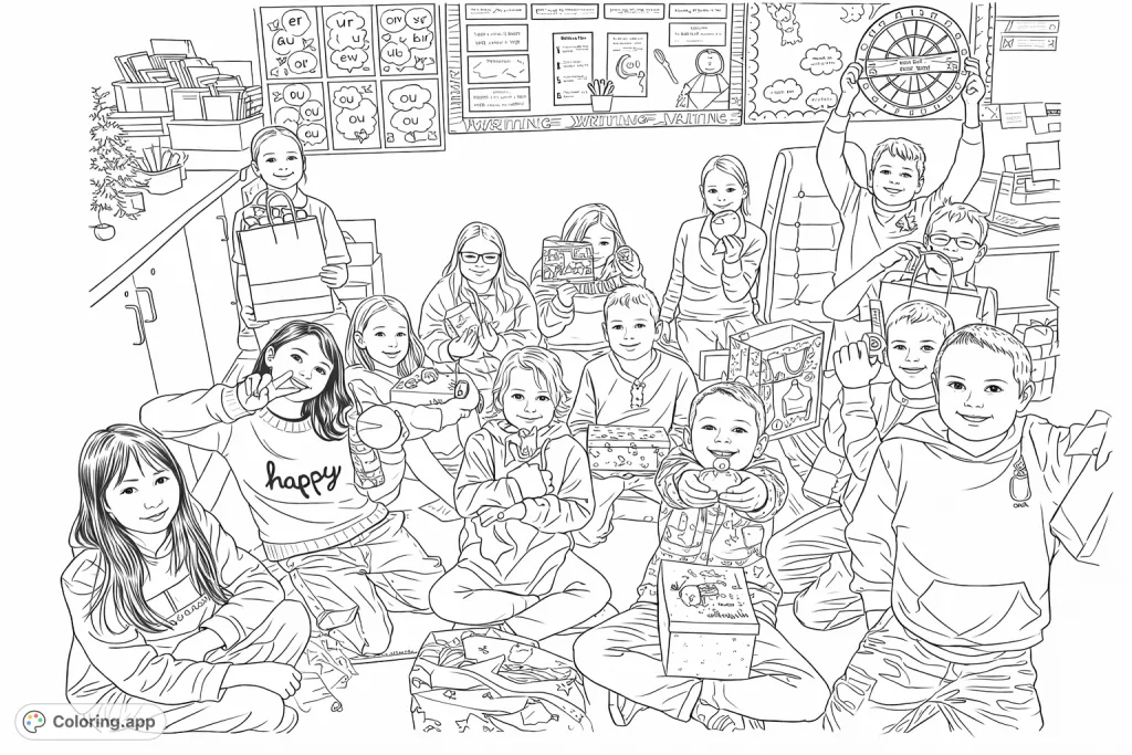 Join a lively classroom scene featuring a group of happy children exchanging gifts. A perfect celebration coloring page for joy and friendship.