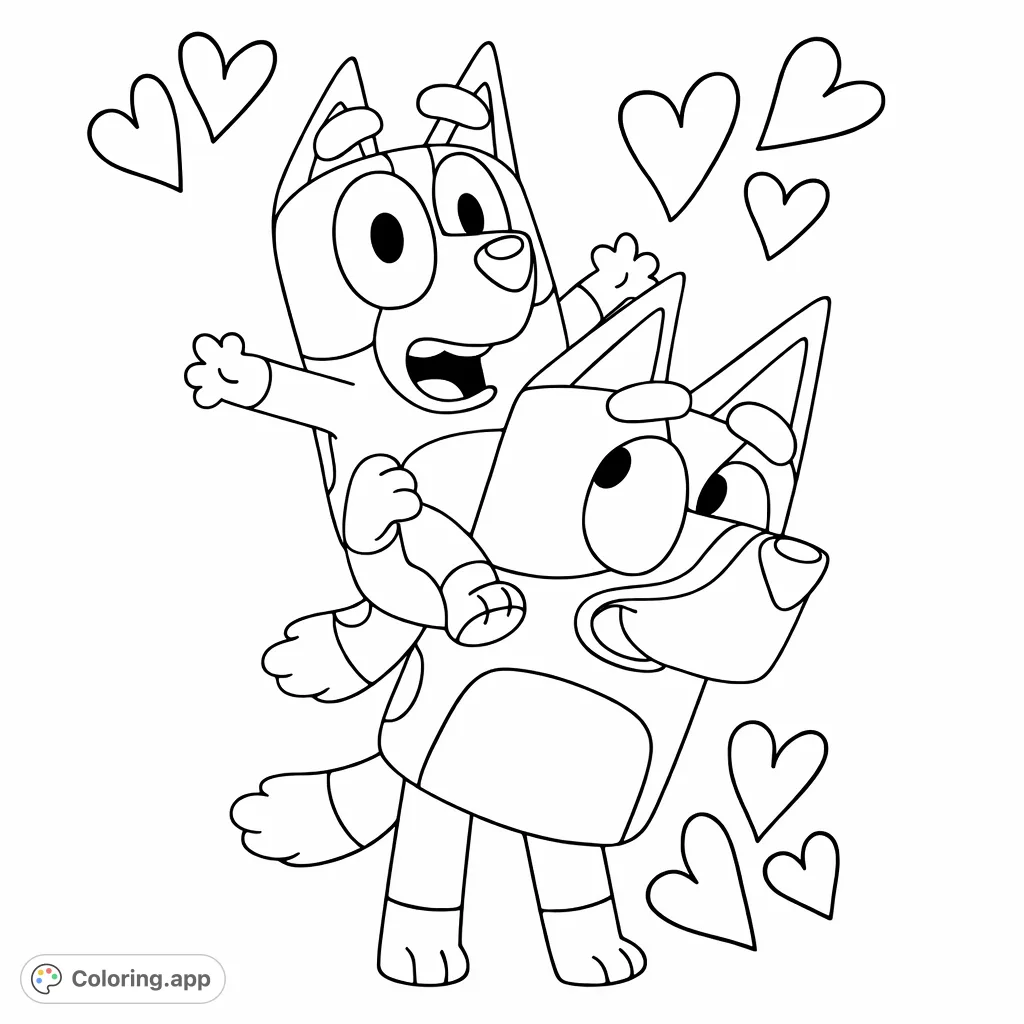 Join two adorable dog characters in a heartwarming piggyback ride, surrounded by floating hearts. A fun and loving scene perfect for expressing friendship and joy.