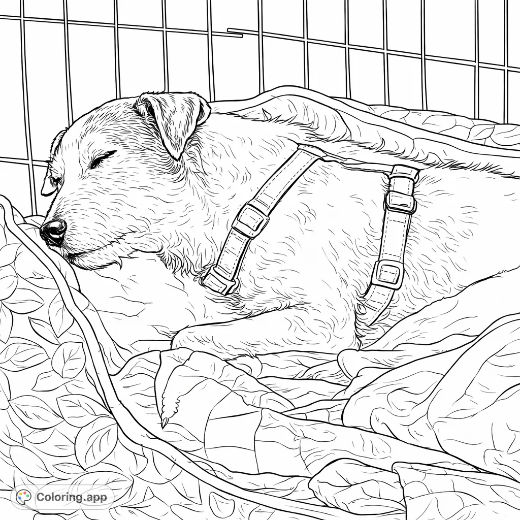 Capture the serene moment of a dog sleeping soundly in its bed, covered by a soft blanket. A peaceful pet relaxation coloring page for all ages.