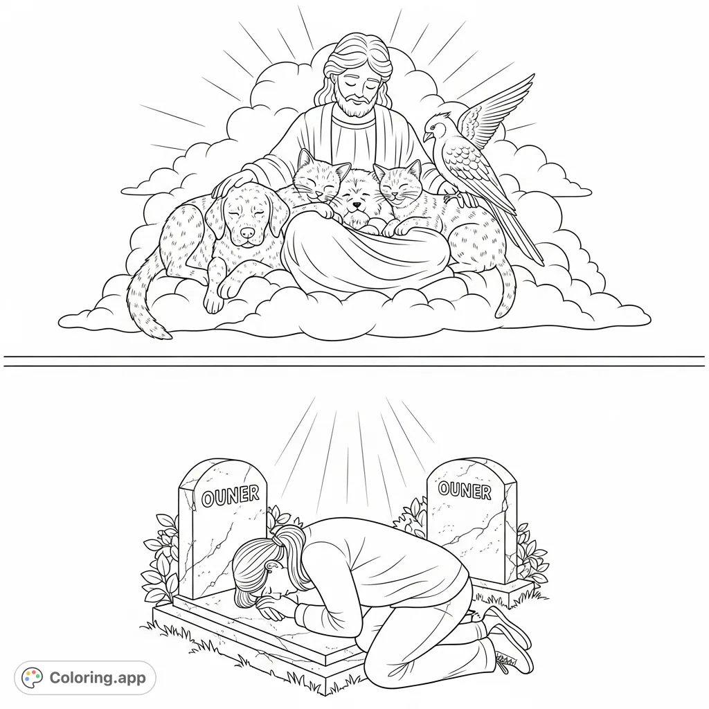 A poignant pet memorial coloring page depicting a comforting heavenly reunion of pets with God, contrasted with an owner grieving at a grave, symbolizing enduring love and solace.
