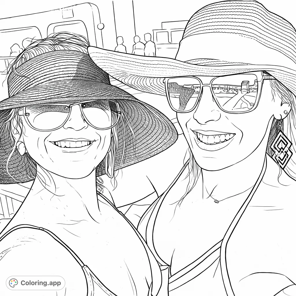 Two cheerful women, adorned with stylish hats and sunglasses, share a happy moment. A perfect vacation-themed scene for a relaxing coloring experience.