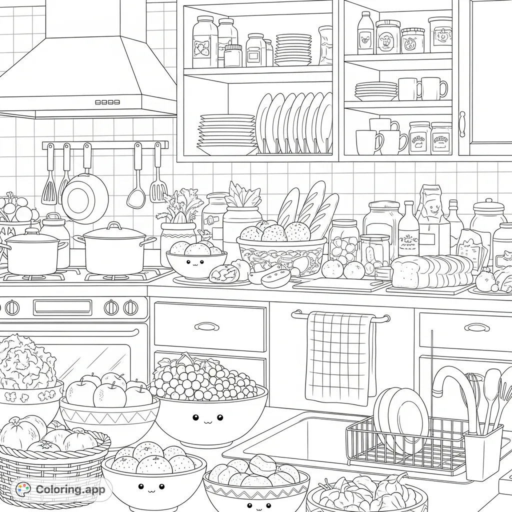Explore a detailed kitchen scene overflowing with various foods and cooking essentials. A free printable kitchen coloring page for culinary enthusiasts.