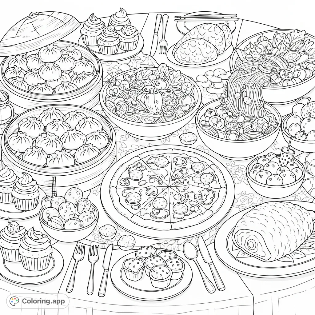 Indulge in a delightful cute buffet coloring page featuring heaps of delicious foods: dumplings, pizza, noodles, roasted meat, and sweet treats galore!