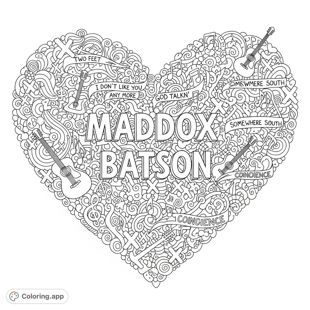 An expressive doodle heart coloring page featuring custom text "MADDOX BATSON," various phrases, X's, and music notes for creative self-expression.