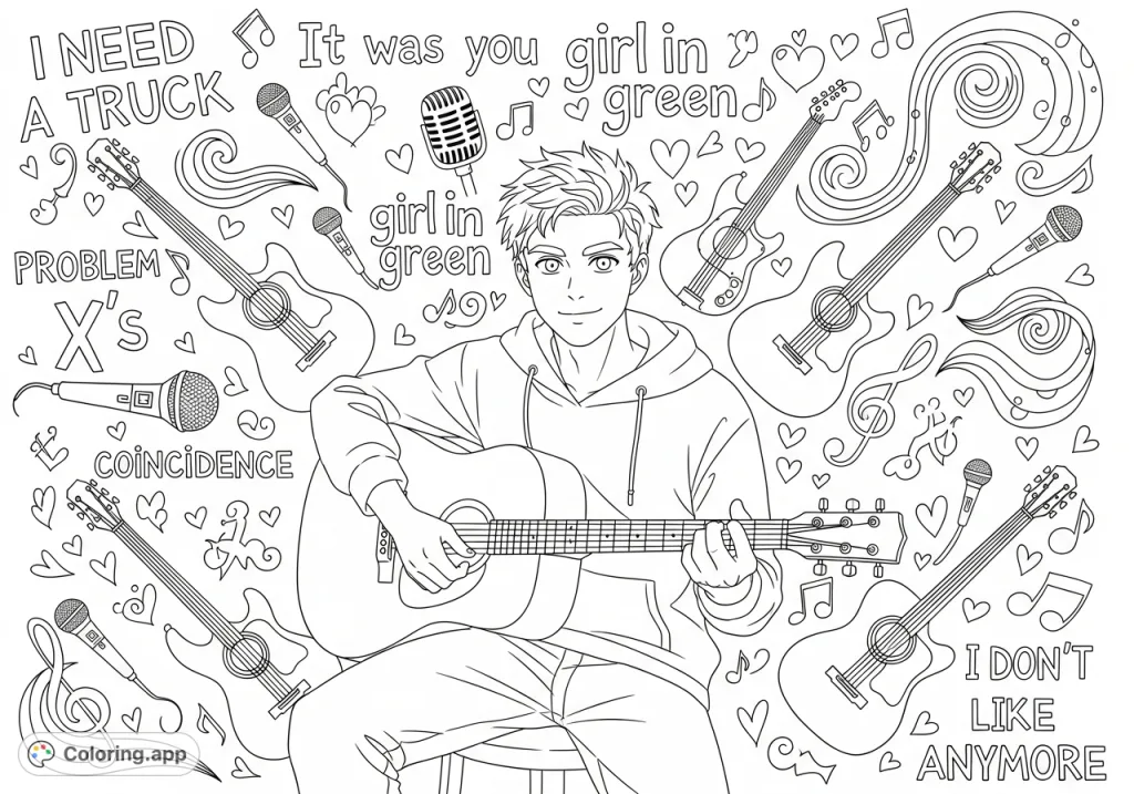 Color a dynamic scene featuring singer Maddox Batson, surrounded by his song titles, guitars, microphones, and music notes for a creative tribute.