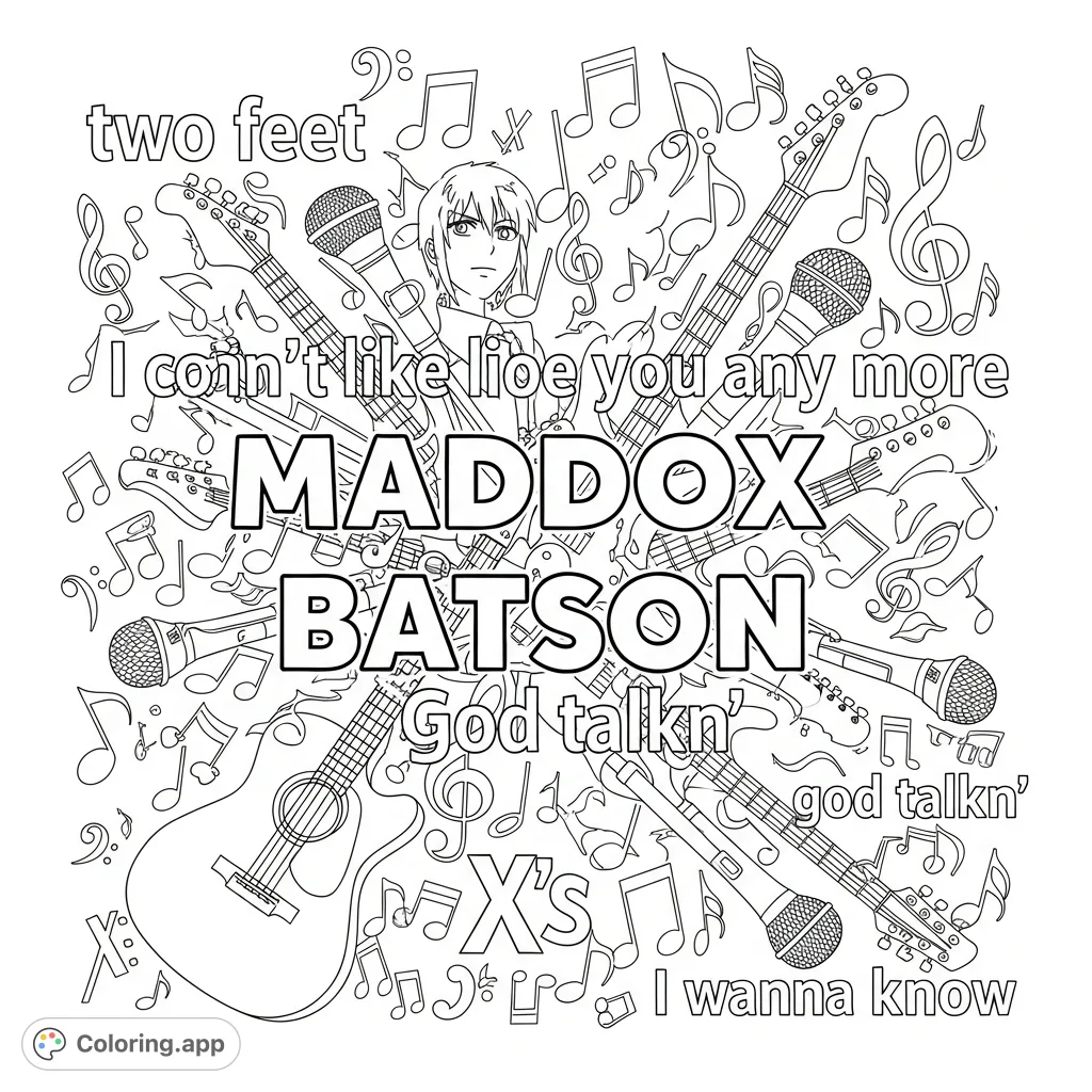 A unique text art coloring page featuring the name 'MADDOX BATSON' prominently, surrounded by expressive phrases and scattered music notes for creative expression.