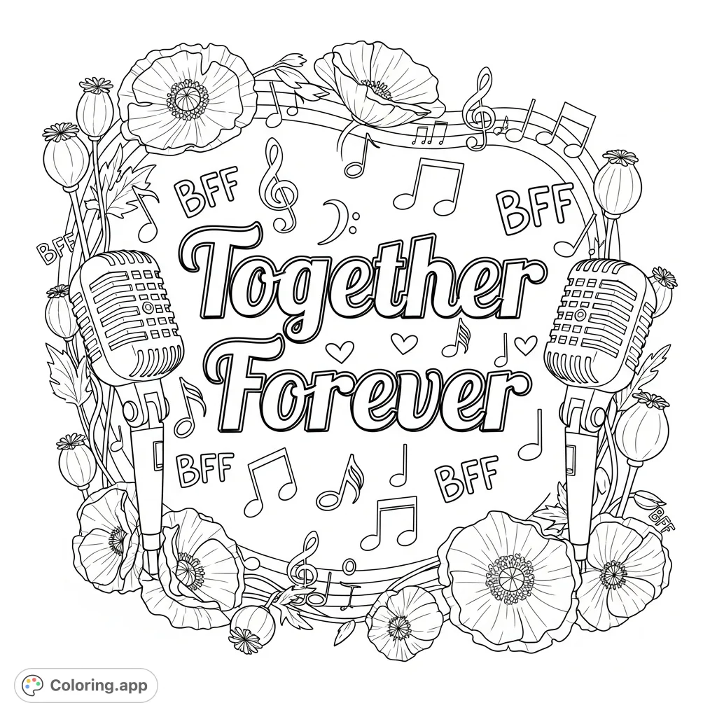 A heartfelt "Together Forever" coloring page featuring decorative text, elegant music notes, classic microphones, and charming poppy flower doodles, surrounded by "BFF" accents.