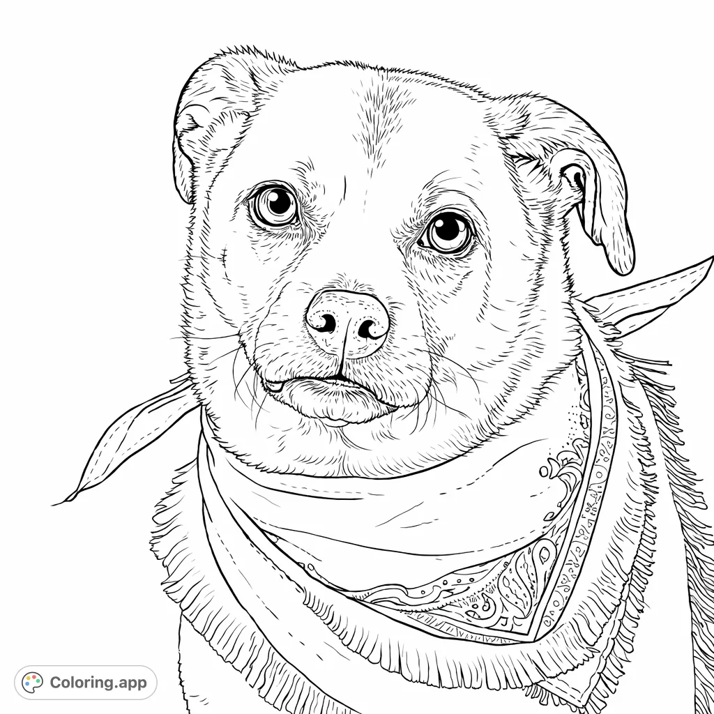 Capture the loyal spirit of a charming dog wearing a stylish fringed bandana. Perfect for animal lovers to color and personalize.