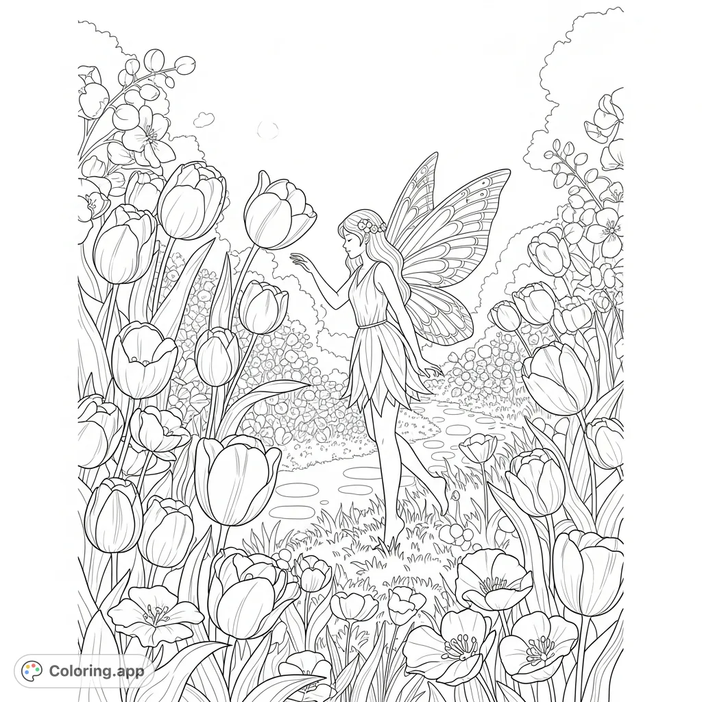 A whimsical fairy in a beautiful garden, surrounded by an abundance of detailed tulips and lush fantasy foliage. Perfect for magical coloring.