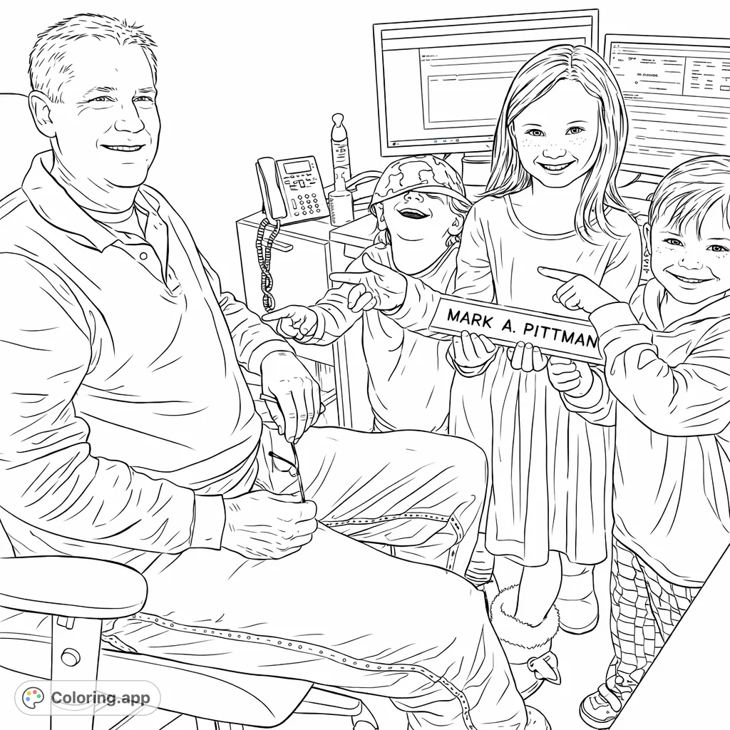 A heartwarming scene of an adult in an office joined by three joyful children holding a nameplate, surrounded by office essentials, perfect for family-themed coloring.