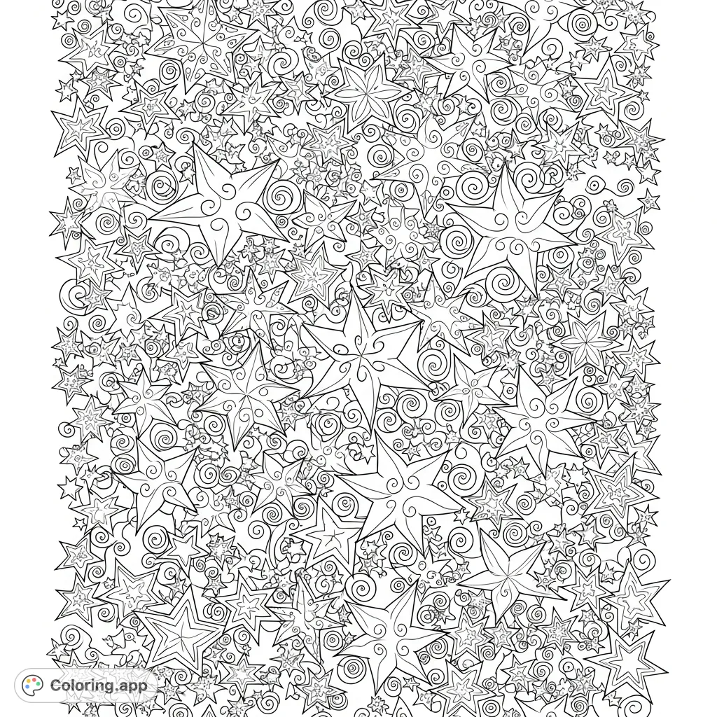 Explore a cosmic tapestry of many swirling, twirling stars. This intricate pattern offers a captivating coloring experience for celestial enthusiasts.