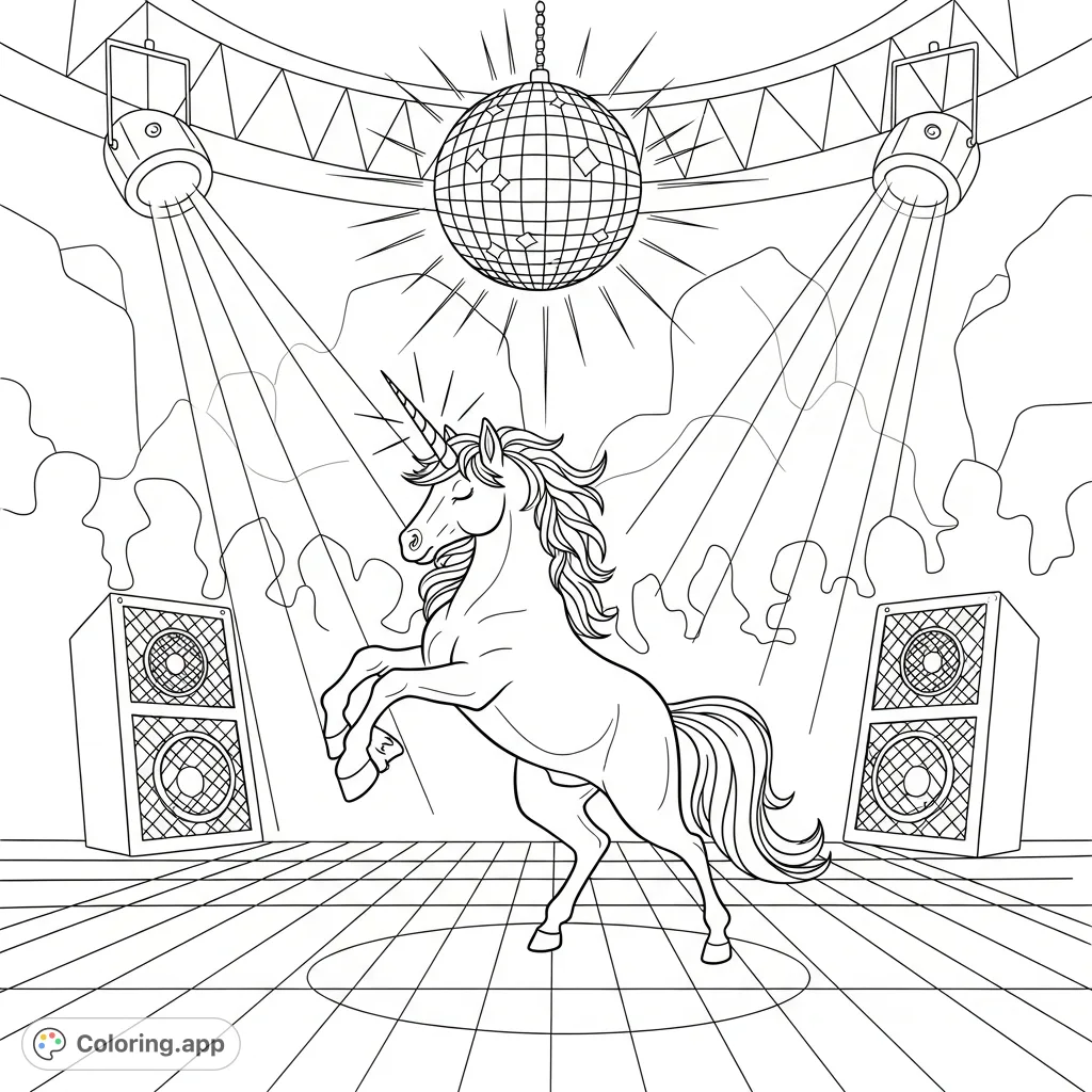 Step onto the vibrant dance floor with a majestic unicorn under a glittering disco ball. A dynamic scene of pure magic and rhythm awaits your colors!