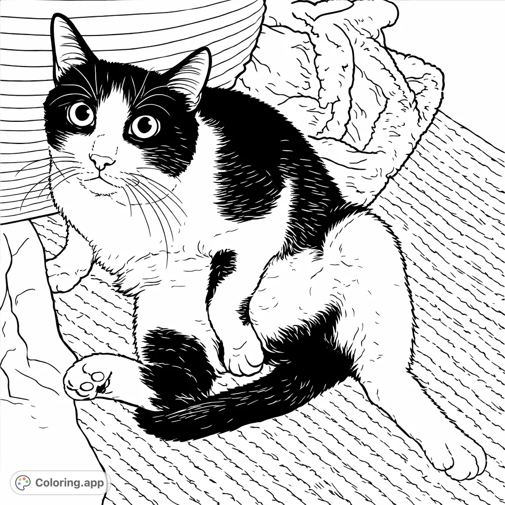 A charming cat strikes a relaxed, playful pose on a cozy surface, inviting colorists to bring its distinct markings and expressive features to life. A delightful animal coloring page.