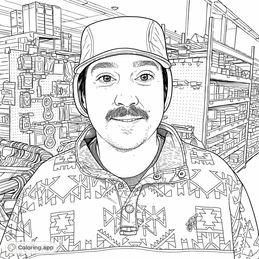 Color a portrait of a man in a unique cap and patterned sweatshirt amidst a store aisle. Features intricate details and a casual setting.
