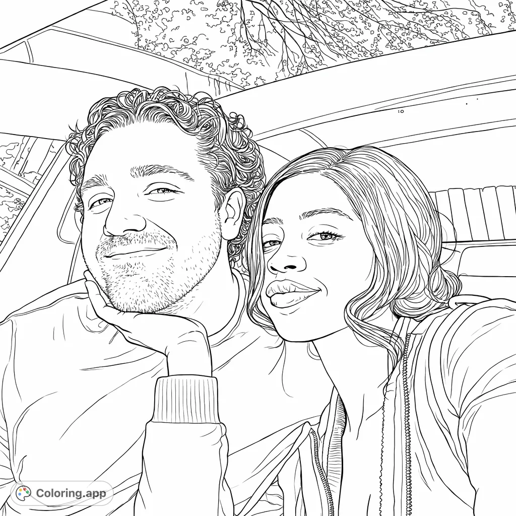 A heartwarming portrait of a smiling couple in a casual setting, perfect for personalizing with your favorite colors. A free printable couple coloring page.