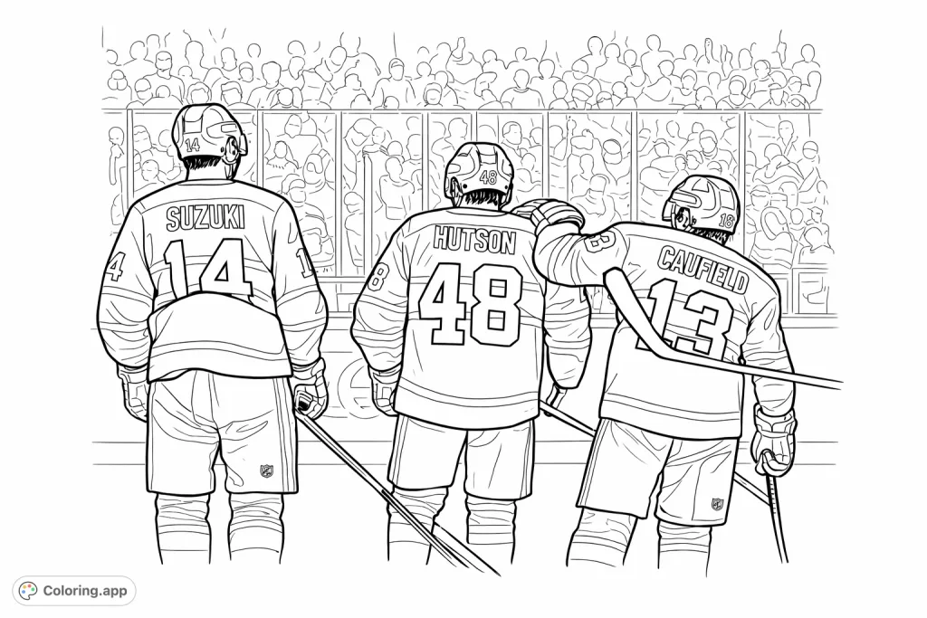 Three hockey players in full gear, viewed from behind on the ice rink with a lively crowd in the background, ready for thrilling game action.