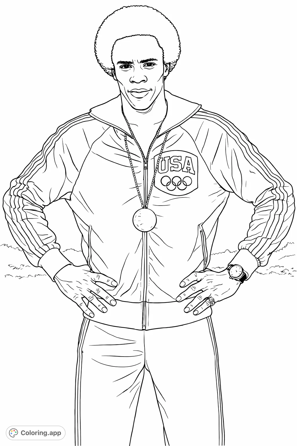 Color an inspiring portrait of an Olympic athlete in a classic tracksuit, featuring a medal and national emblem. Perfect for sports fans and history enthusiasts.