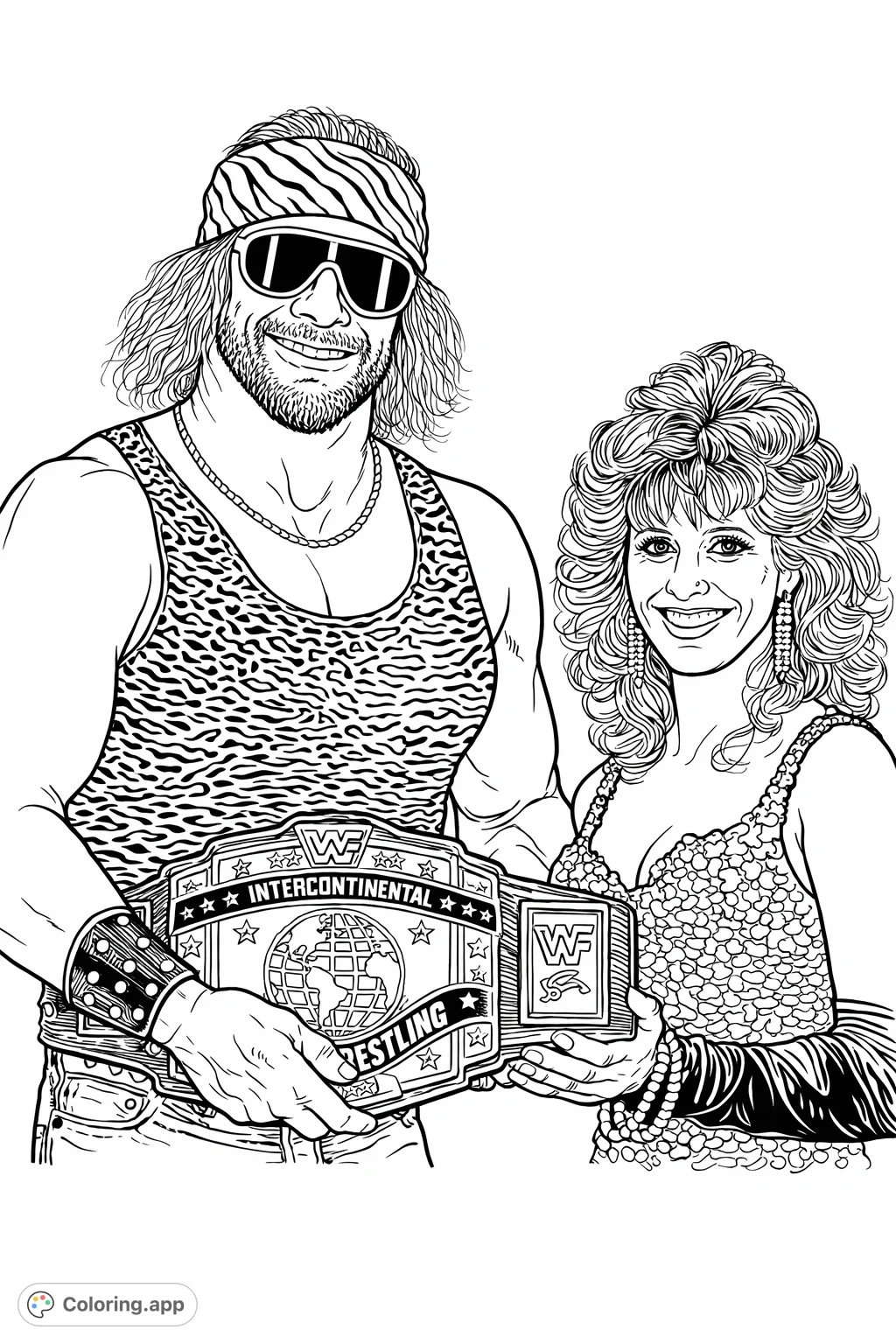 Color Randy 'Macho Man' Savage and Miss Elizabeth with their championship belt. Iconic wrestling legends in detailed attire, perfect for fans of classic wrestling.