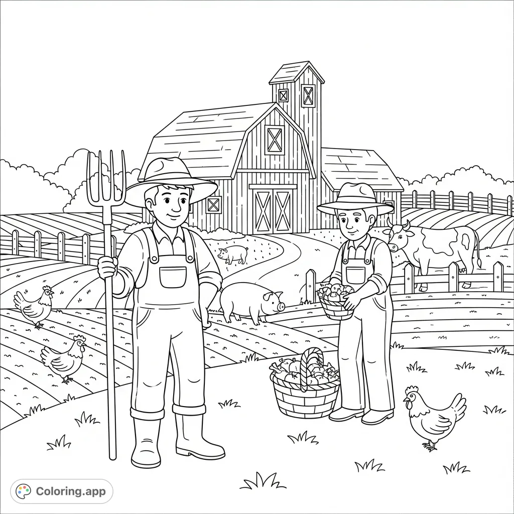 A charming farm coloring page depicting two cheerful farmers against a classic barn and surrounded by farm animals. Perfect for a relaxing and creative experience.