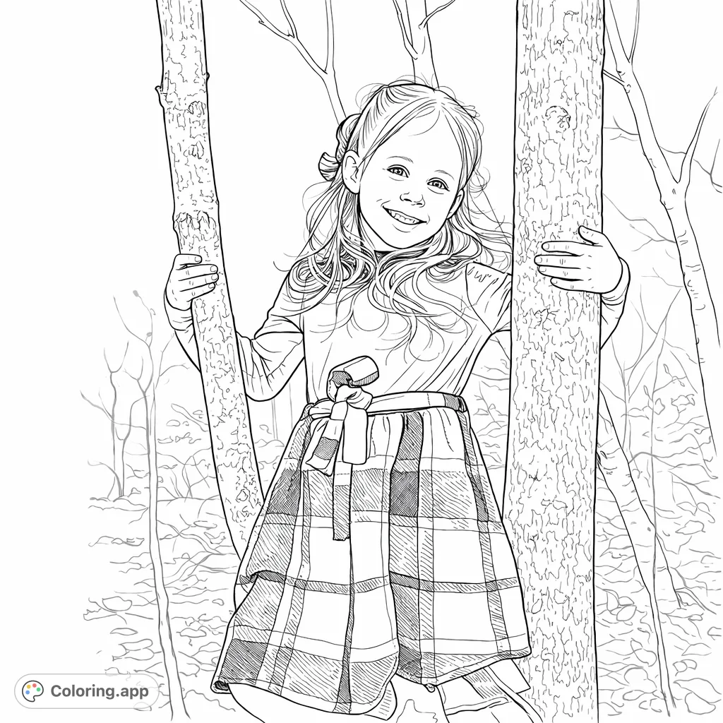 A joyful child playfully stands between two trees in a forest. This adorable forest child coloring page features detailed plaid, perfect for creative expression.