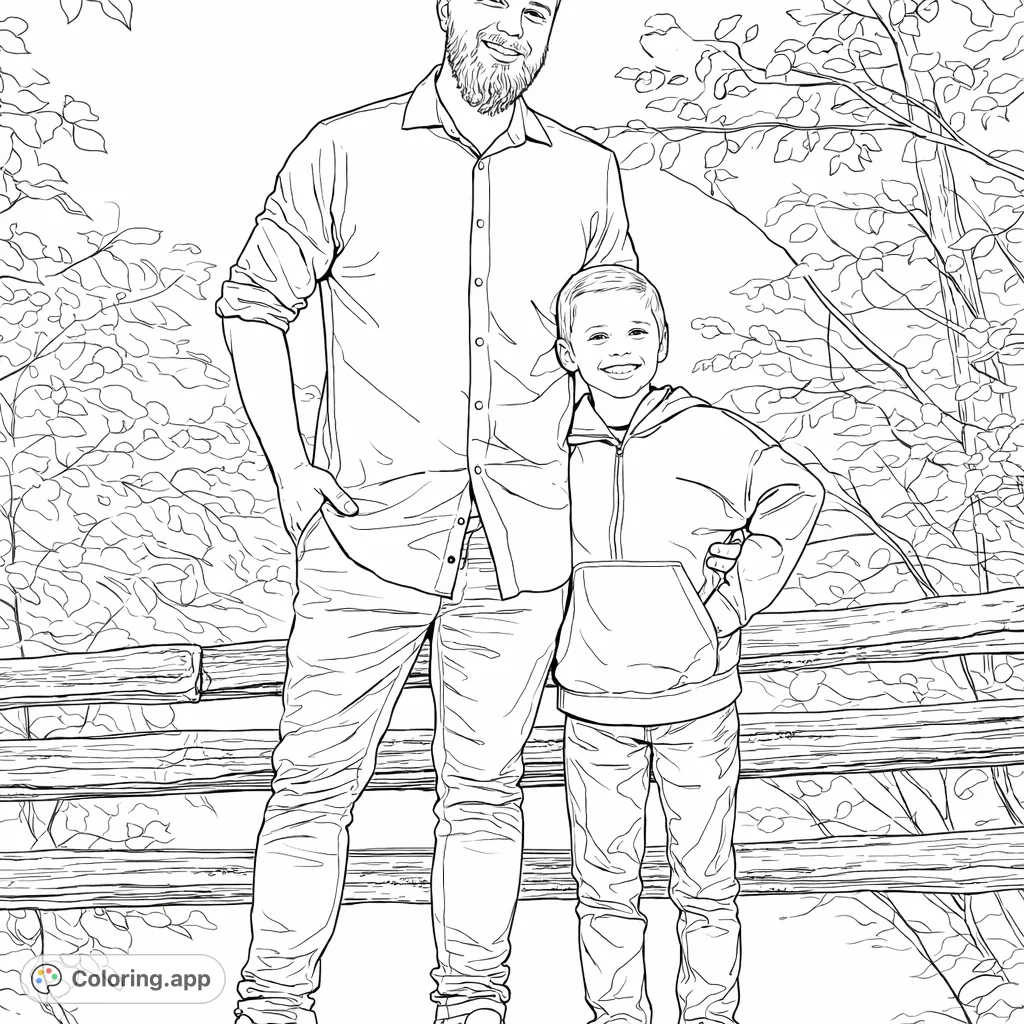 Capture a heartwarming moment between a father and son in an outdoor setting. This family coloring page features a dad and his boy standing by a rustic fence.