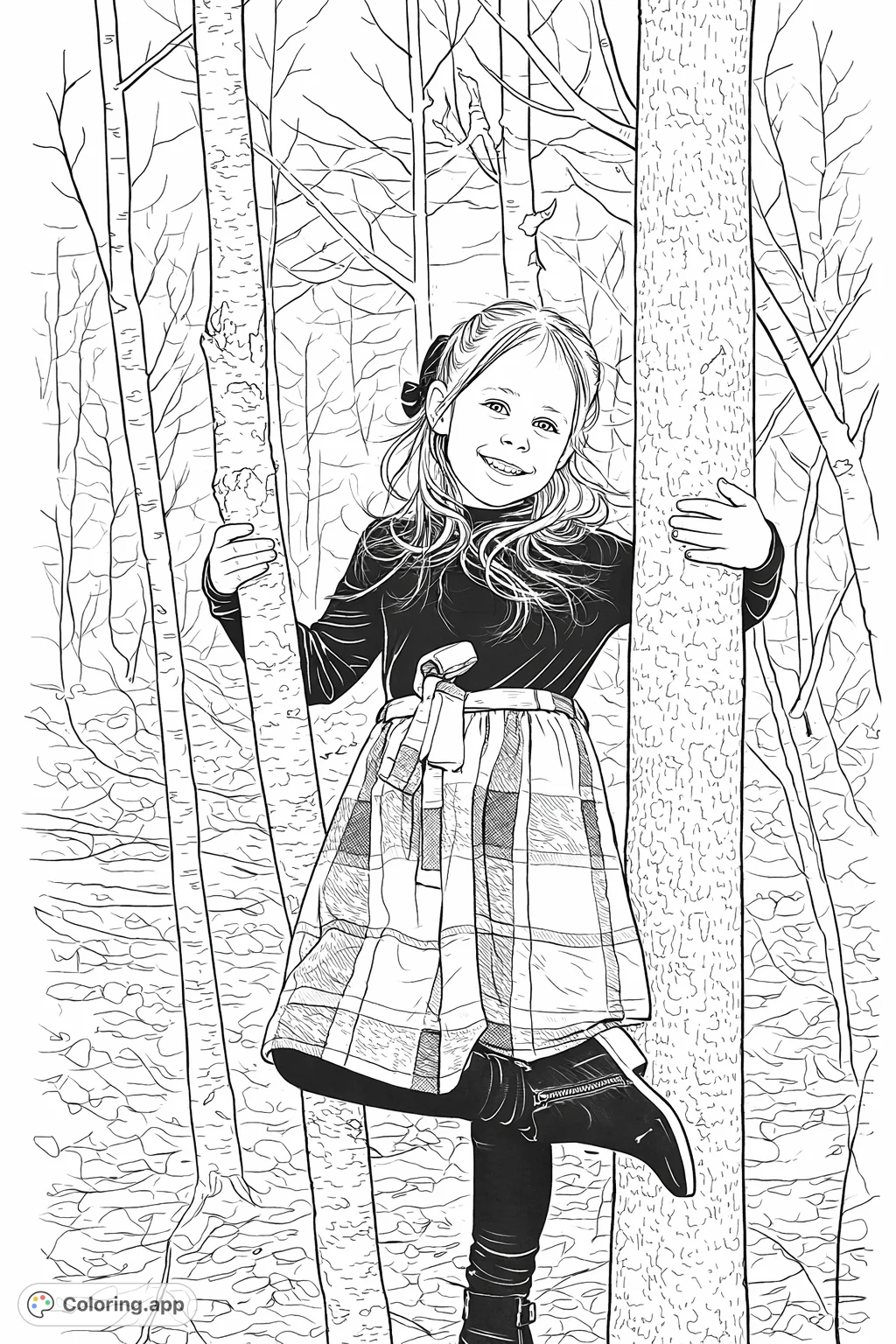 A cheerful child stands playfully between two trees in a woodland scene, wearing a patterned skirt. Perfect for nature-loving colorists and imaginative play!