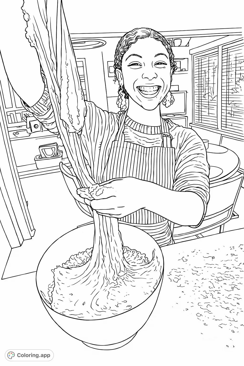 A cheerful person stretches dough in a kitchen, showcasing the fun of baking. Perfect for aspiring chefs and anyone who loves to create.