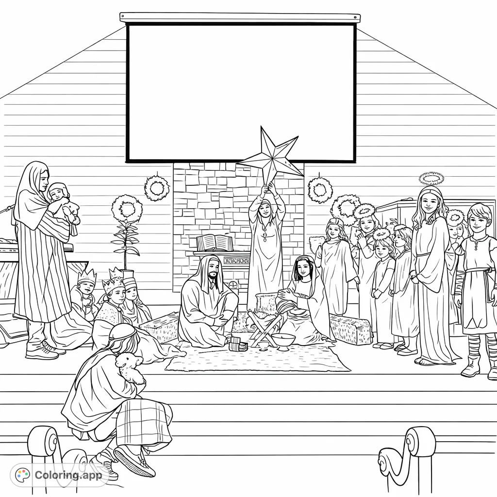 A heartwarming nativity play scene featuring Mary, Joseph, baby Jesus, angels, wise men, and a shepherd. Perfect for celebrating the season with a festive touch.
