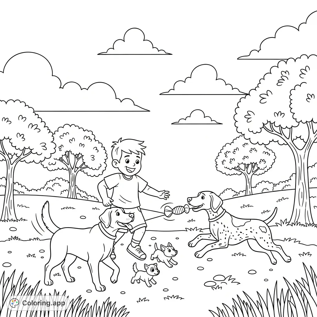 A heartwarming free printable coloring page featuring a young boy joyfully playing with a Labrador Retriever and a German Shorthaired Pointer outdoors.