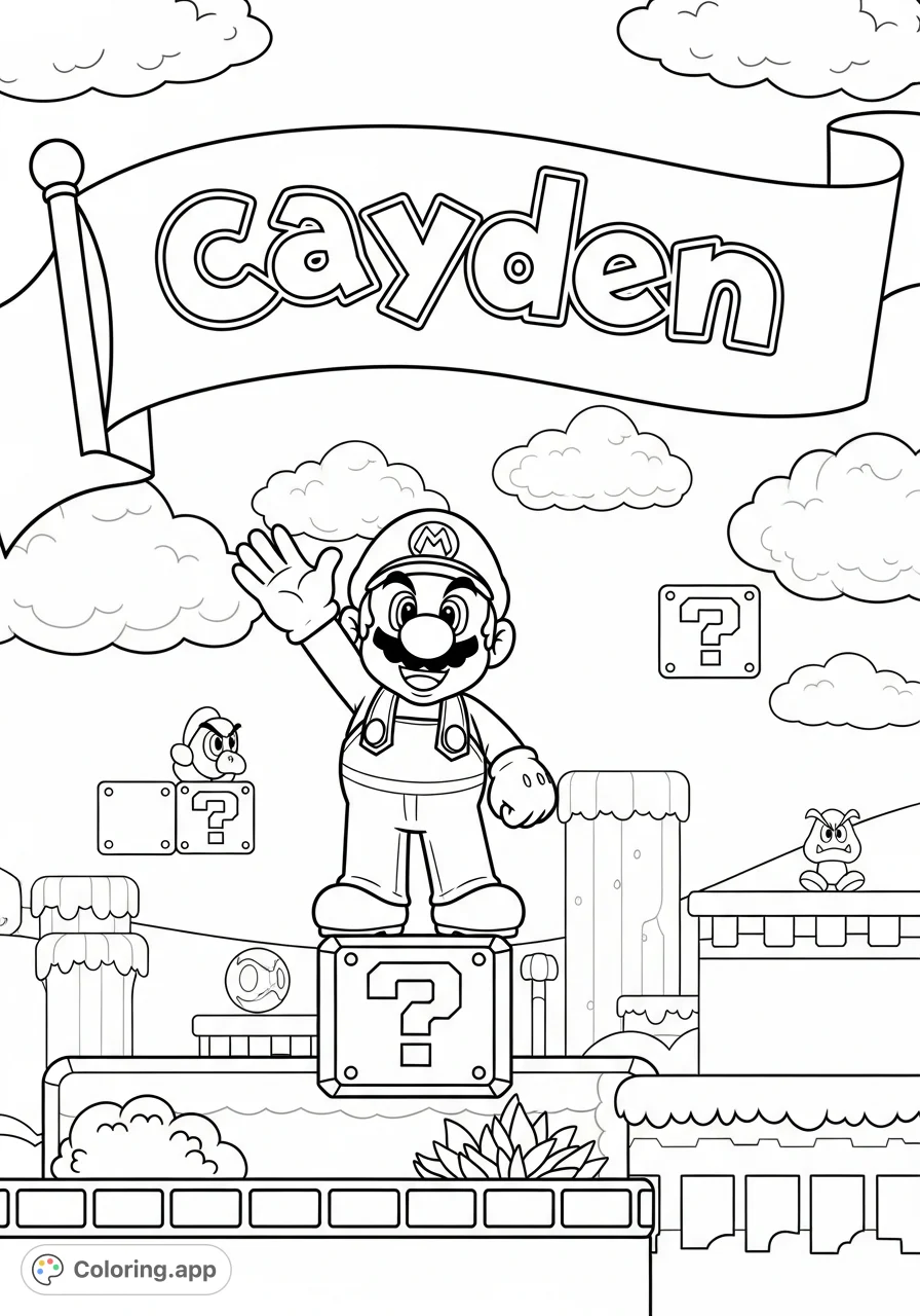 A fun Mario coloring page featuring the iconic character, a personalized banner with "Cayden," and classic game elements. Perfect for fans!