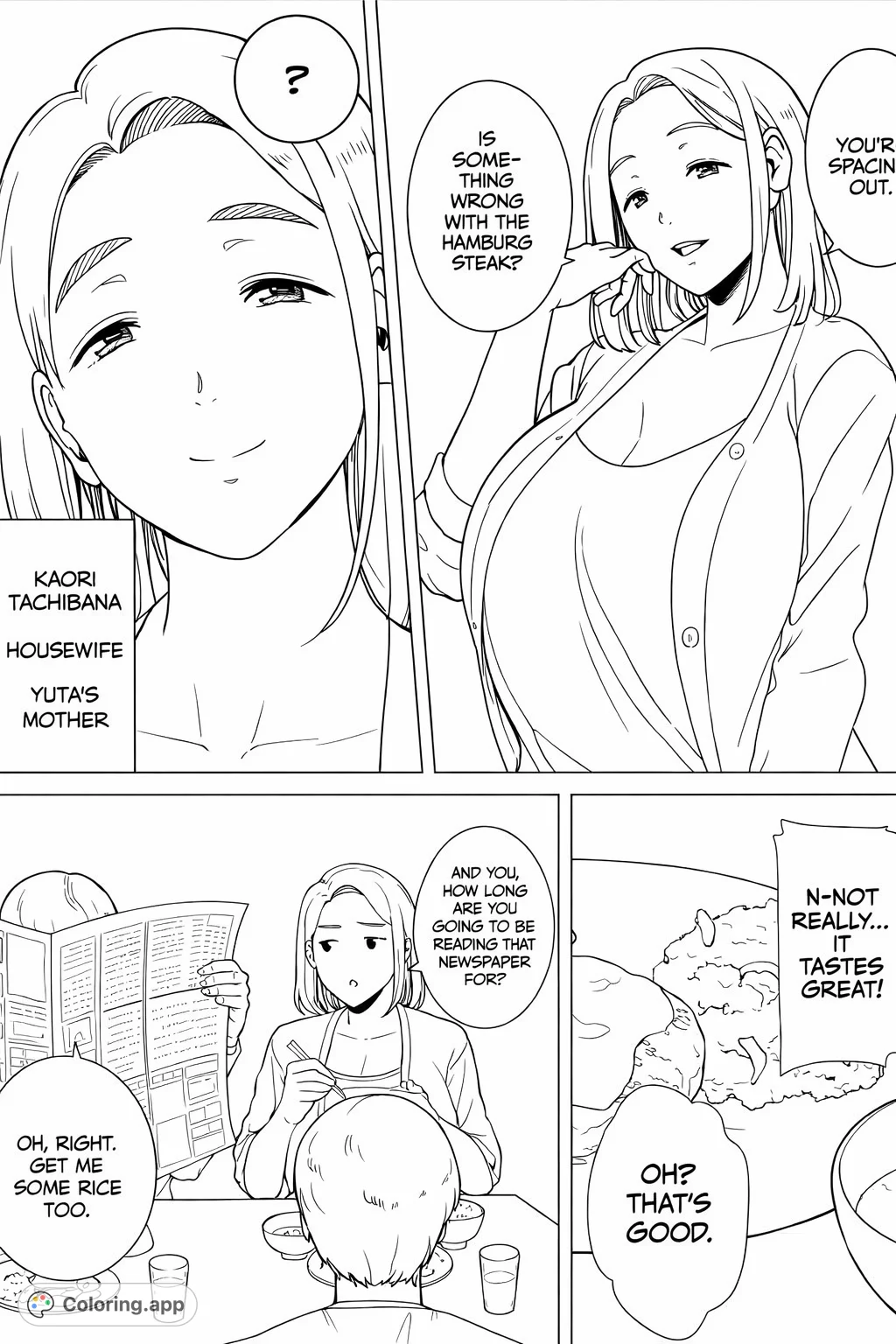 A compelling coloring page featuring a woman in various daily domestic scenes, from gentle smiles to mealtime interactions, perfect for manga fans.