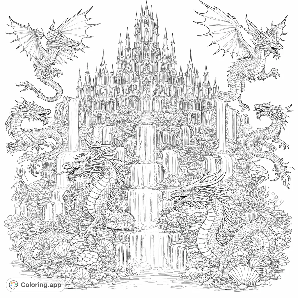 Immerse yourself in a fantastical realm with a majestic crystal castle, powerful dragons, and cascading waterfalls. A highly detailed fantasy scene perfect for imaginative colorists.