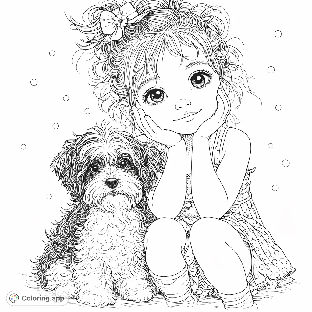 A heartwarming coloring page featuring a curious girl with expressive eyes and her fluffy dog companion. Highly detailed for a realistic, engaging coloring experience for all ages.