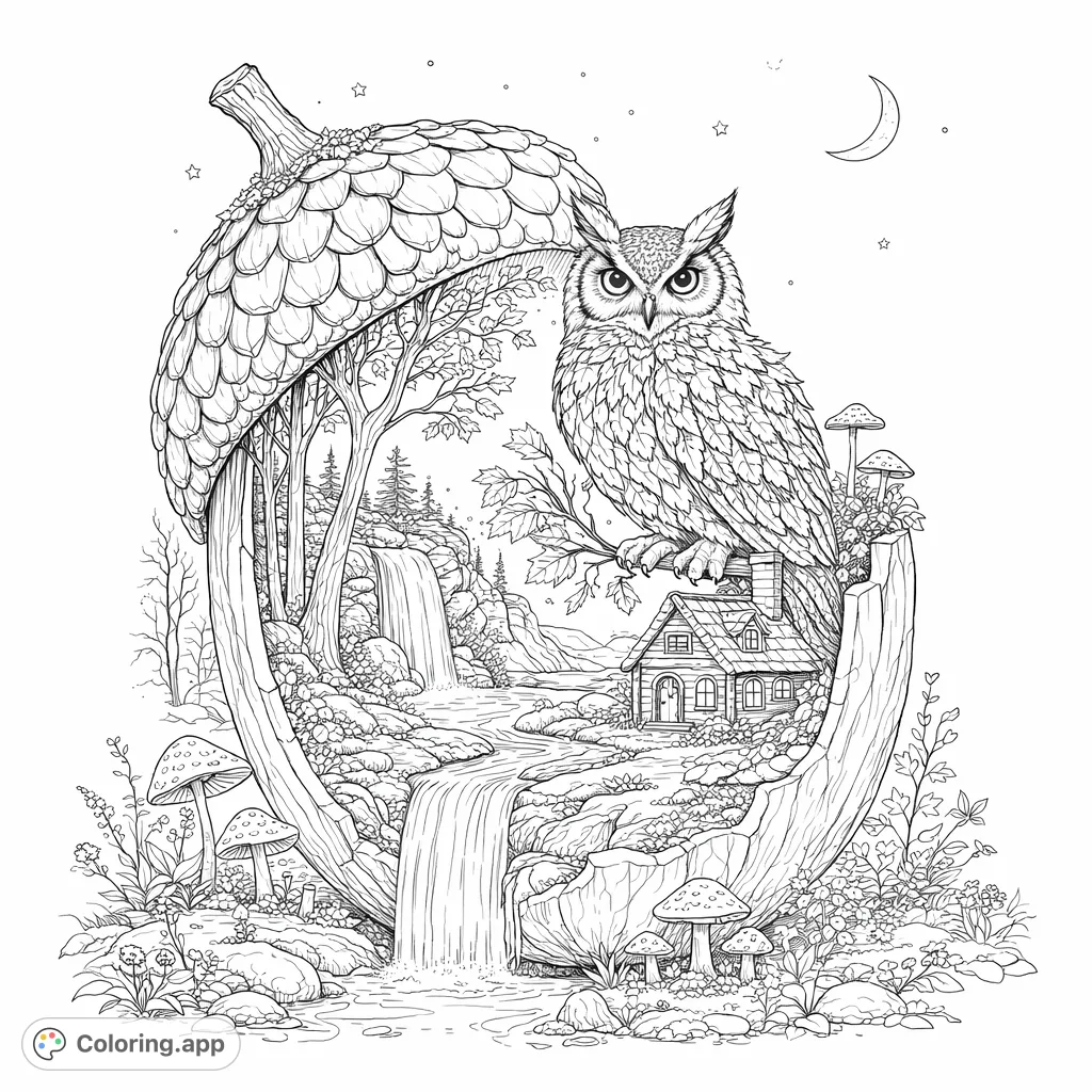 Discover an enchanting owl perched on a giant acorn, revealing a miniature world with a cottage, waterfall, and autumn landscape. Highly detailed for immersive coloring.