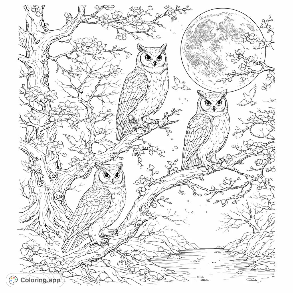 Three wise owls perch on a flowering tree branch under a serene full moon, with small birds fluttering nearby and a river flowing through a tranquil landscape.