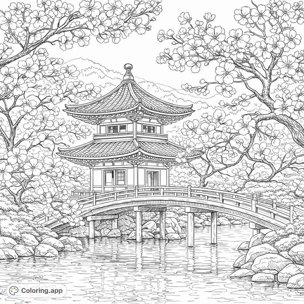 Discover a detailed Japanese pagoda coloring page with an elegant bridge, abundant flowering trees, and a serene water scene, perfect for advanced colorists.