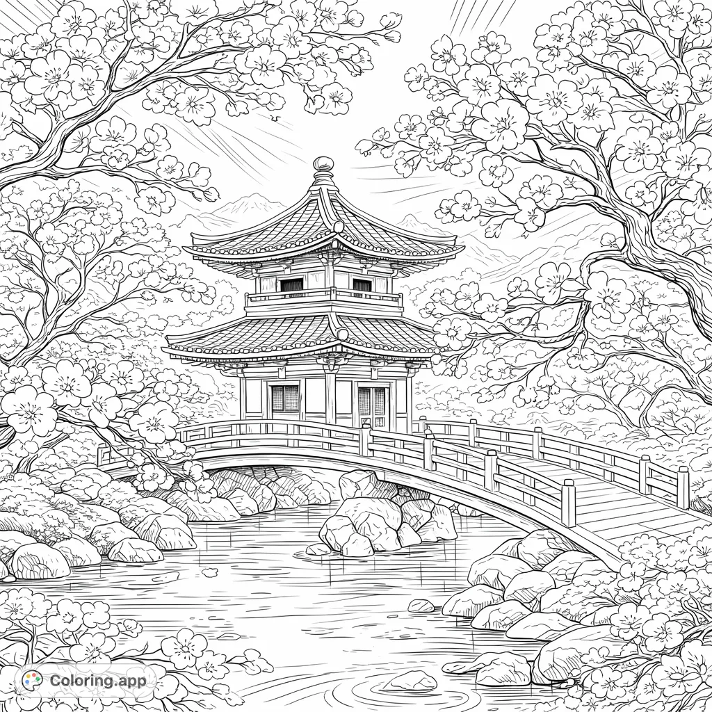 Immerse yourself in a serene Japanese landscape featuring a detailed pagoda, elegant arched bridge, and an abundance of delicate cherry blossoms, perfect for relaxation.