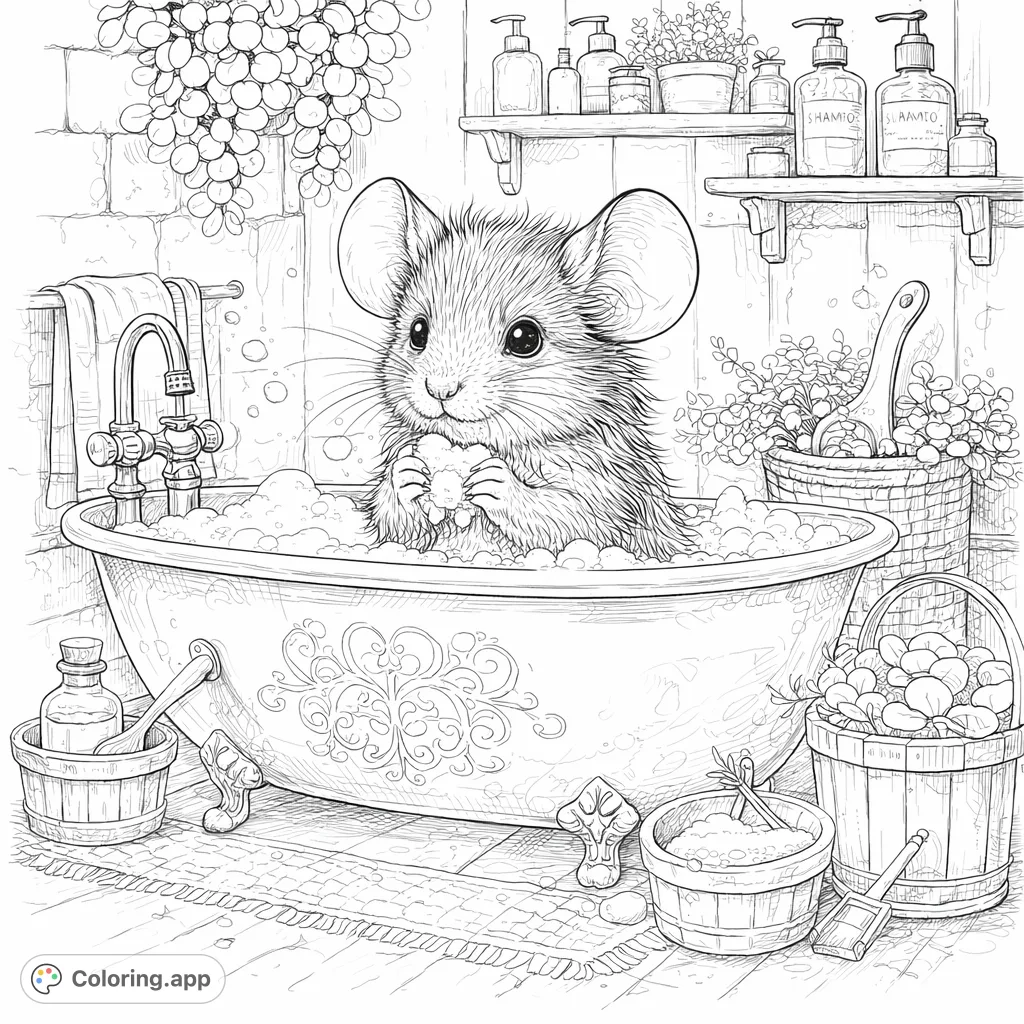 An endearing mouse enjoying a bubble bath in a charming clawfoot tub, surrounded by rustic bath accessories and lush plant life. A delightful scene for all ages.