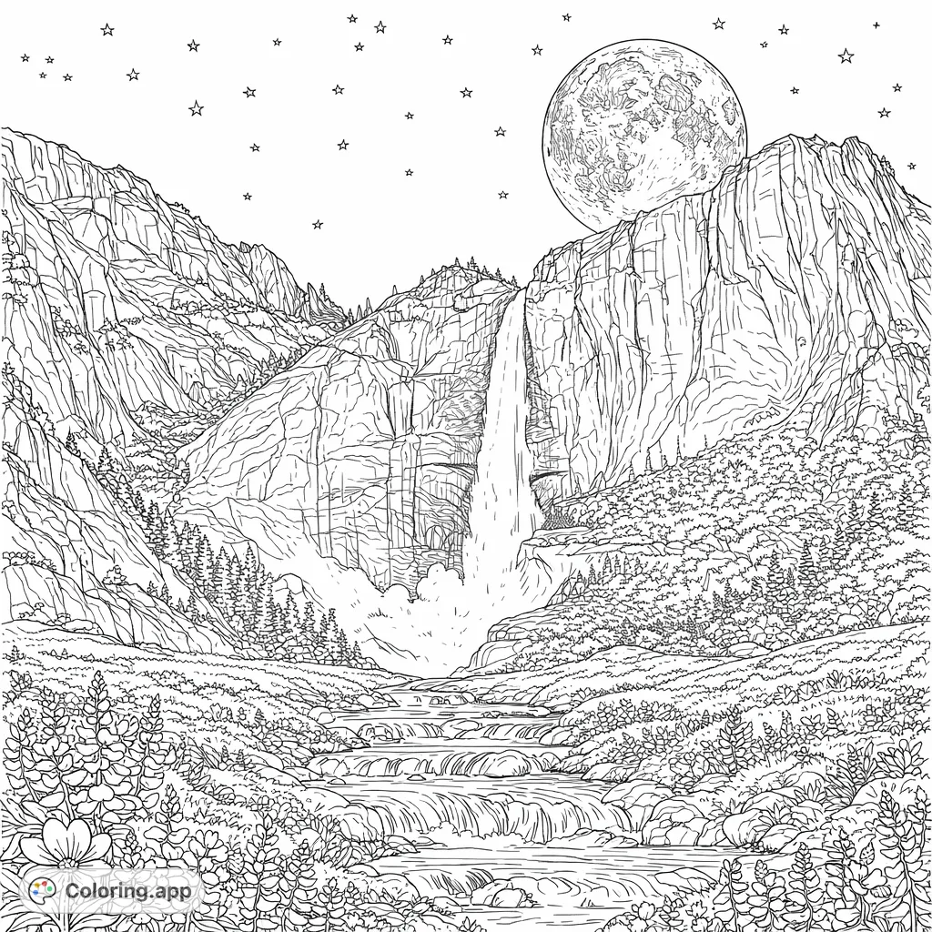 Explore a majestic mountain landscape under a celestial body, featuring a grand waterfall, tiered stream, and extensive fields of blooming flora. Highly detailed and realistic.