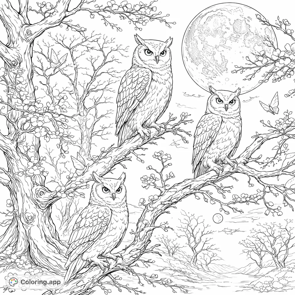 A highly detailed owl coloring page featuring three majestic owls perched on blossom-laden branches, with small birds, a large moon, and a misty landscape.