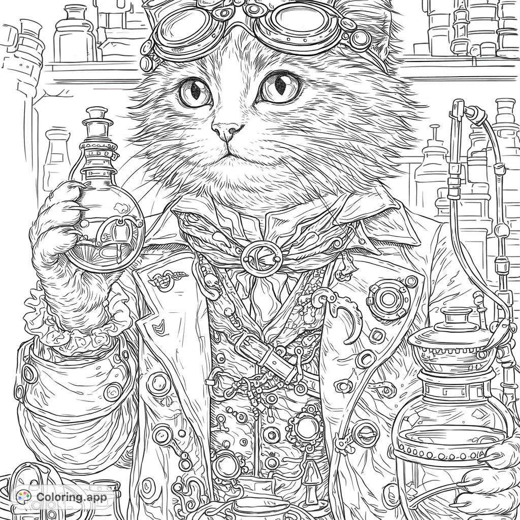 A highly detailed steampunk cat alchemist, adorned with intricate gears and holding mysterious vials, set in a laboratory. A realistic and complex coloring challenge.