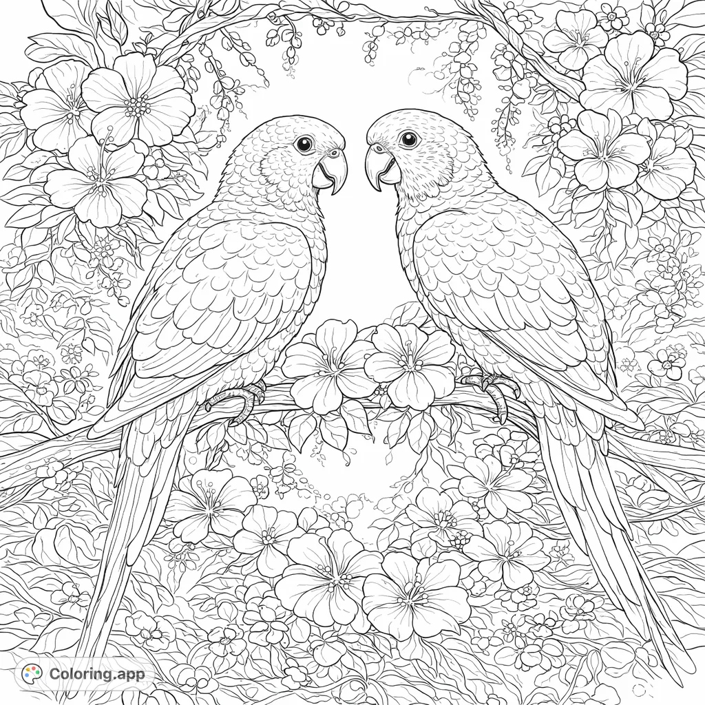 Two detailed parrots perch on a blossoming branch, surrounded by an intricate array of tropical flowers. An enchanting scene with complex patterns perfect for advanced colorists.