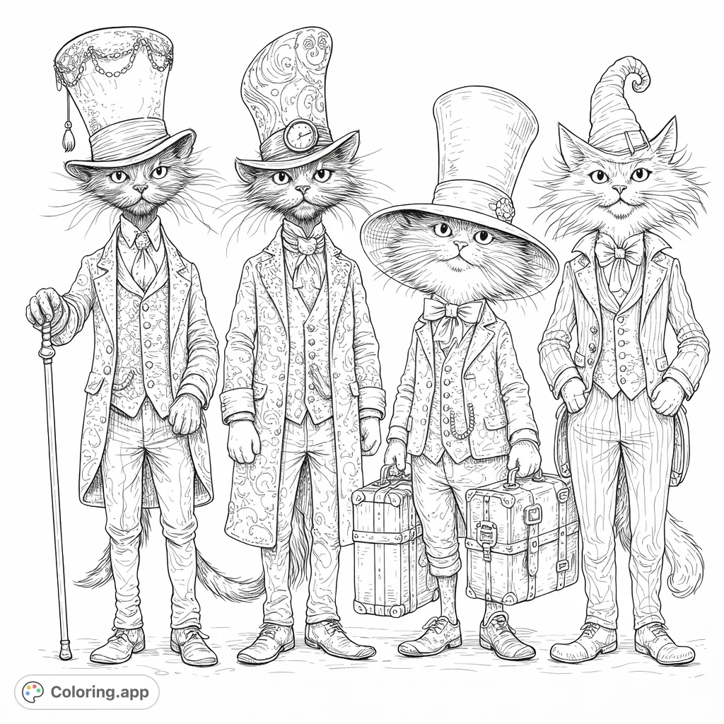 Enter a whimsical world with four dapper felines dressed in highly detailed, fantastical Victorian attire. A free printable whimsical cats coloring page for adults.