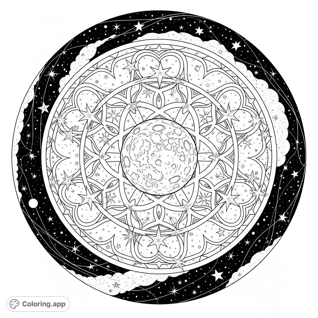 An intricate celestial mandala featuring a prominent moon, numerous twinkling stars, and swirling cosmic patterns, perfect for mindful coloring and creative expression.