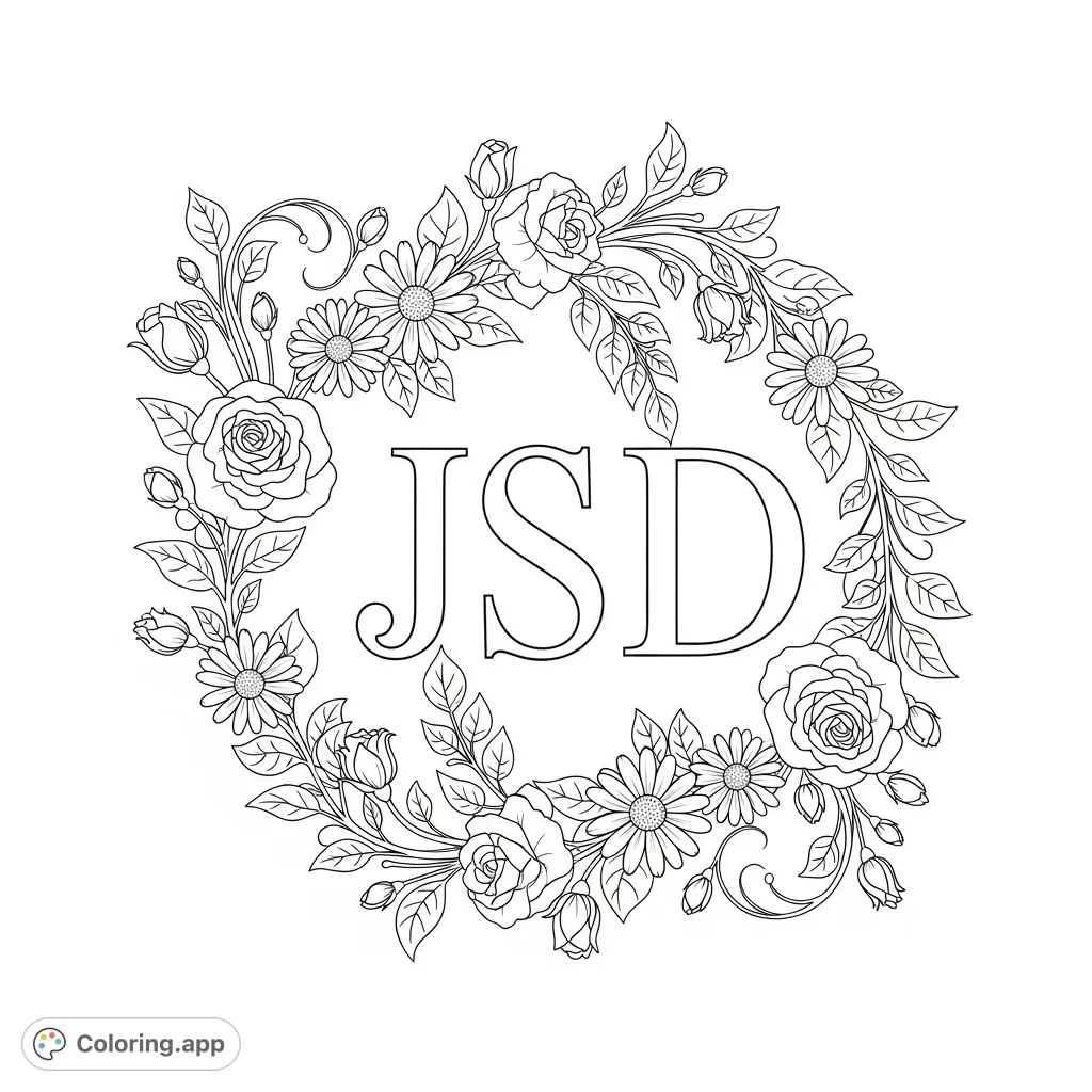 An intricate floral monogram JSD coloring page with elegant letters, delicate flowers, and lush leafy vines. Perfect for personalized art and relaxation.