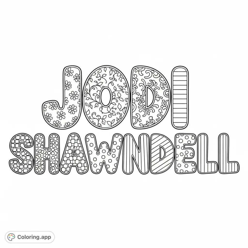 A personalized "JODI SHAWNDELL" coloring page with each bubble letter filled with intricate, diverse patterns like florals, polka dots, and stripes for a unique artistic experience.
