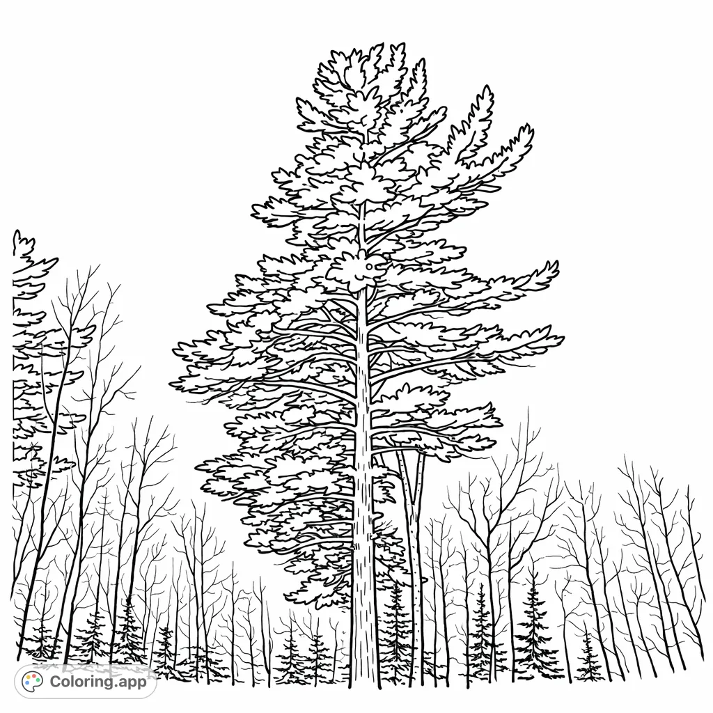 A majestic pine tree stands tall amidst a minimalist forest and clear sky. Perfect for a calming coloring experience with bold outlines and clean lines.